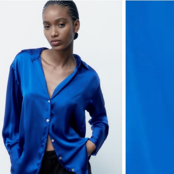 Zara Electric Blue Satin Effect Flowy Shirt, M - Picture 3 of 5